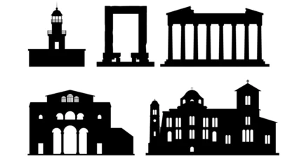 Fotobehang Silhouettes of landmarks in Greece include Acropolis in Athens, Akrotiri Lighthouse  Santorini, Apollo Temple  Naxos, Church Panagia Ekatontapiliani  Paros, Hosios Loukas Monastery. © danai