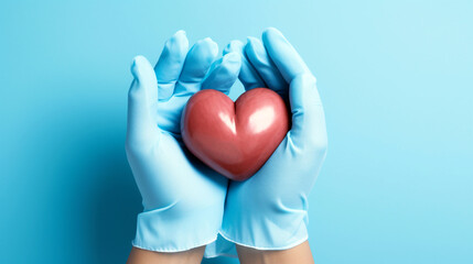 Hands holding a red heart. Heart transplantation concept. Donor heart in doctor's hands in blue latex gloves realistic illustration - obrazy, fototapety, plakaty