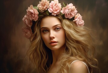 Naklejka premium Delicate Charm: Portrait of a Beautiful Young Woman with Flowing Blonde Hair