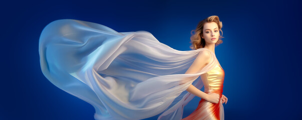 Beautiful woman wearing flowing dress on blue background