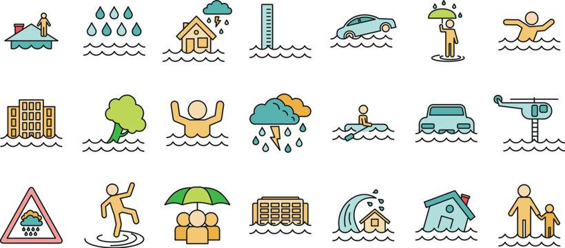 Flood cataclysm icons set. Outline set of flood cataclysm vector icons thin line color flat on white