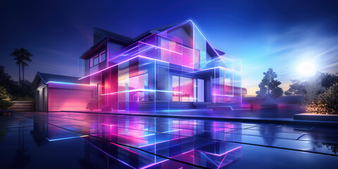 House hologram,  Holographic projection of cottage in neon colors - obrazy, fototapety, plakaty
