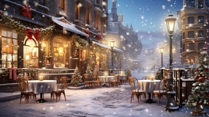  a painting of a snowy street scene with tables and chairs and a christmas tree in the middle of the street. - obrazy, fototapety, plakaty