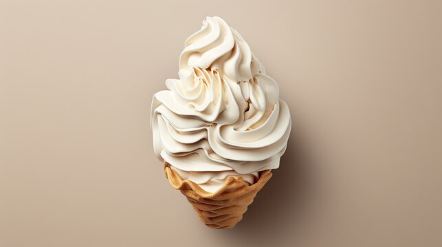  an ice cream cone with white frosting on a beige background with a shadow of the cone on the left side of the image.