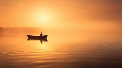  a person in a small boat on a body of water with the sun in the background and fog in the air.