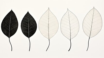  three black and white leaves on a white background, each with a single leaf on the tip of the leaf.