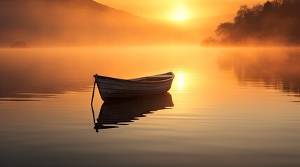  a boat floating on top of a lake next to a shore covered in fog and a sun setting in the distance.