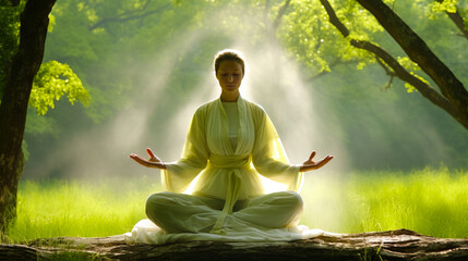 Woman pracicing meditation yoga in green forest in front of bright sunlight