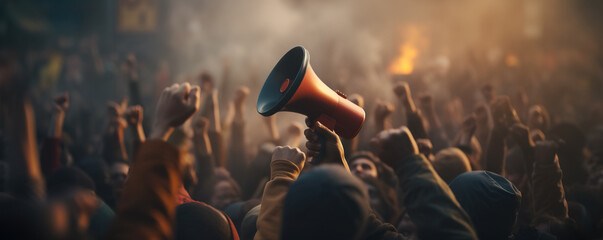 activist protesting with megaphone during a strike with group of demonstrator all arround