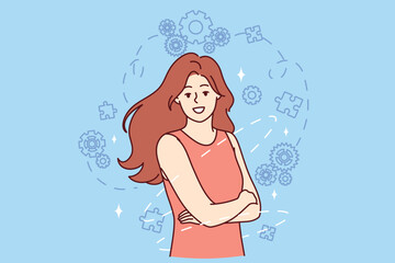 Successful woman stands with arms crossed among gears and puzzle pieces symbolizing psychological health and development. Successful girl in red dress smilingly looks at camera calling for leadership