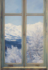  a painting of a snowy mountain seen through a window with a quote on the window sill that reads, behind me is a picture of a snowy mountain.