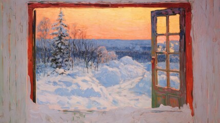 a painting of a snowy landscape with an open window and a view of a snowy field and a pine tree.