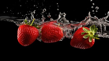  three strawberries splashing into the water with a splash of water on the top of the strawberries and on the bottom of the water is a black background.