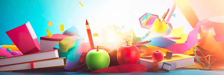 dynamic back to school background with a burst of colorful geometric shapes and symbols representing different academic subjects. Generative Ai - obrazy, fototapety, plakaty
