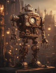 Fototapeta na wymiar Wood and metal steampunk robot
