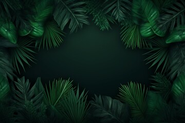 A background adorned with a frame of lush, verdant jungle palm leaves in vibrant green. Created with generative AI tools