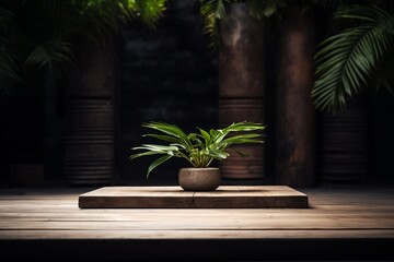 A plant positioned behind a wooden platform, infusing the scene with organic beauty. Created with generative AI tools