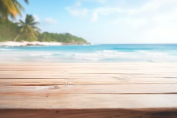 Fototapeta premium Positioned in front of the vibrant blur of a tropical beach scene, featuring white sands, a palm tree, and the boundless ocean, a light wooden table is showcased. Created with generative AI tools