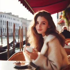 Foto auf Leinwand a woman having a coffee in venice with gondolas in the background. Generative AI © Antonio