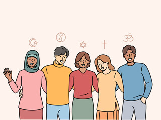 People different religions hug, feeling unity and absence disagreements due to differences faiths. Men and women with various religions smiling posing near signs of islam and christianity or buddhism - obrazy, fototapety, plakaty