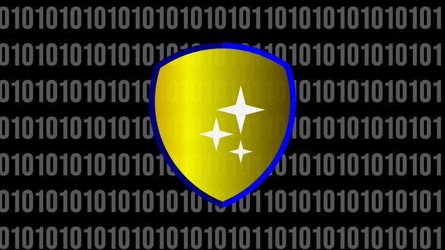 Animation of green gold shield with binary code background