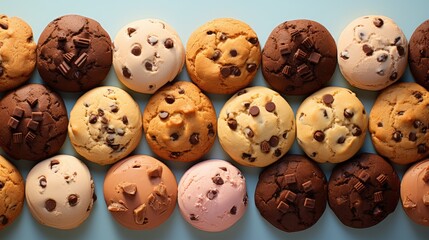 Obraz premium a bunch of cookies and muffins lined up next to each other with chocolate chips and sprinkles on them.