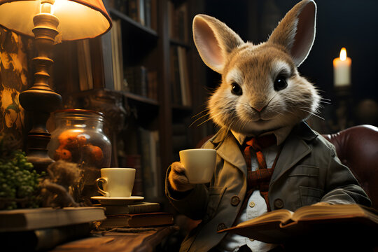 Anthropomorphic rabbit reading a book in a cosy armchair.