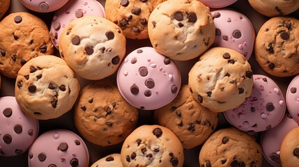  a pile of chocolate chip cookies with pink frosting and chocolate chips on the top of the muffins.