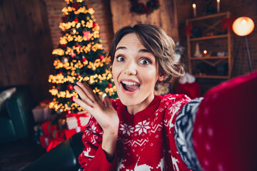 Selfie of funny young woman hand cheek waiting her family hooray gift boxes decorations happy new year shot isolated on home background