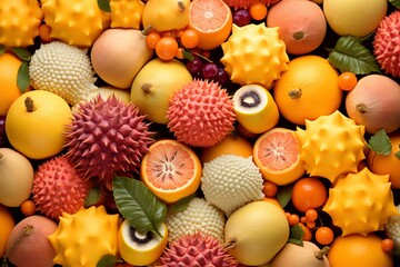 Different exotic fruits as background, top view. Generative AI.