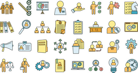 Manager icons set. Outline set of manager vector icons thin line color flat on white