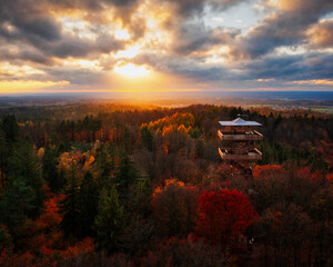 Beautiful landscape of Kashubia in autumn with the observation tower in Wiezyca, Poland - obrazy, fototapety, plakaty