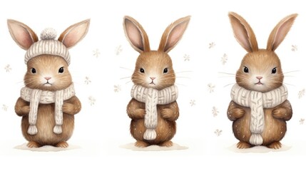 Fototapeta premium three rabbits wearing sweaters and scarfs, one wearing a hat and the other wearing a scarf and scarf.