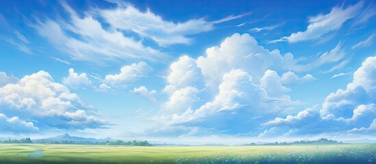 Obraz premium The summer sky adorned with a beautiful blue color creates a stunning backdrop for the vibrant patterns of nature in the landscape as the warm sunlight bathes the surroundings in a bright w