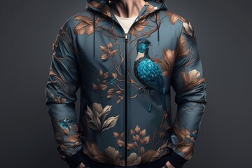 Fototapeta na wymiar Man in a turquoise bomber jacket with a bird on his back