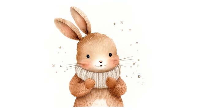  a watercolor painting of a brown bunny wearing a sweater with stars on it's chest and a white background.