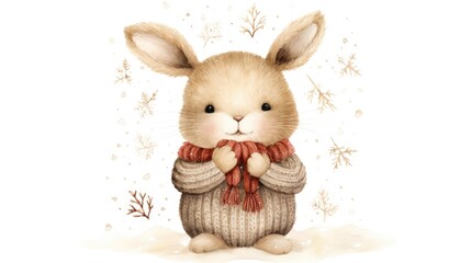 Obraz premium a watercolor painting of a rabbit wearing a sweater and a scarf with snowflakes on the ground in the background.