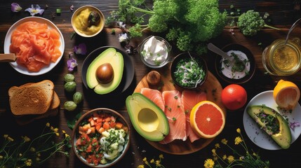  a wooden table topped with plates of food and bowls of fruit and vegetables next to a bowl of avocado.