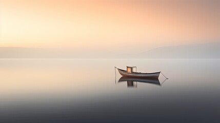  a boat floating on top of a body of water next to a shore with mountains in the background and a foggy sky.