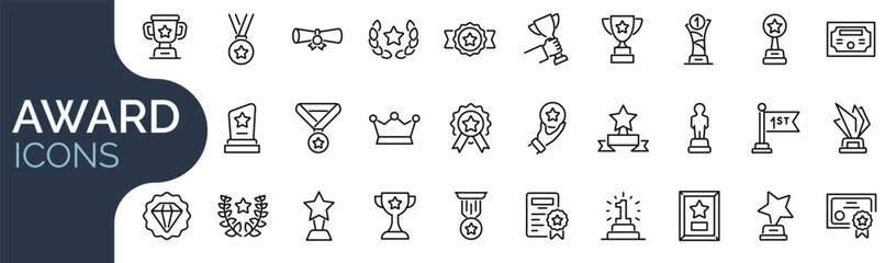 Set of outline icons related to award, badge, trophy, medal. Linear icon collection. Editable stroke. Vector illustration - obrazy, fototapety, plakaty
