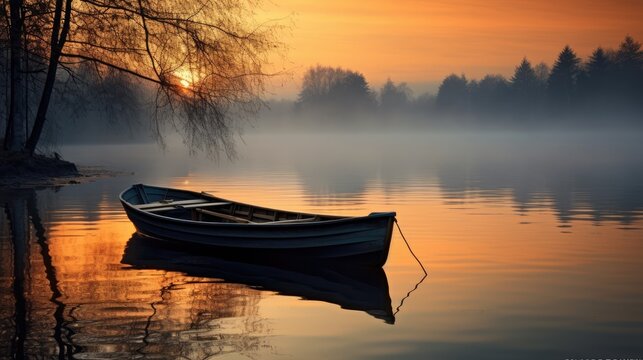  a small boat floating on top of a body of water near a tree covered shore with the sun setting in the background.