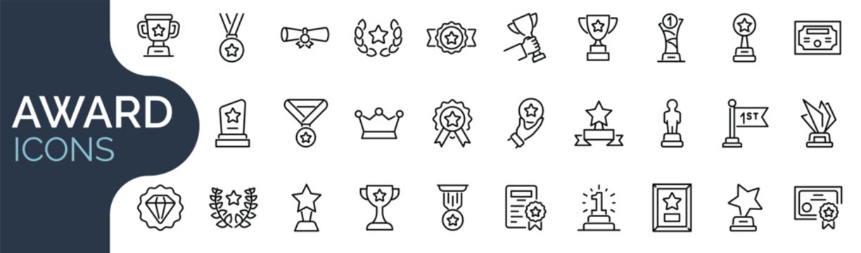 Set of outline icons related to award, badge, trophy, medal. Linear icon collection. Editable stroke. Vector illustration