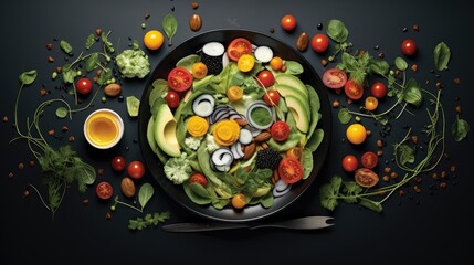  a plate of food with tomatoes, avocado, lettuce, cucumbers and other vegetables.