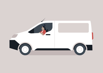 Fototapeta premium A young character driving a panel van in a side view, a typical courier service vehicle used for delivering packages and mail