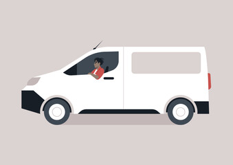 A young character driving a panel van in a side view, a typical courier service vehicle used for delivering packages and mail - obrazy, fototapety, plakaty