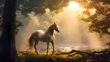 A horse standing in a forest with a foggy background and trees in the foreground
