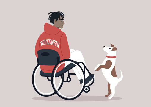 A person in a wheelchair, viewed from the back, donning a purple Wisconsin hoodie, with their Jack Russell dog leaping onto their lap, seeking attention and play