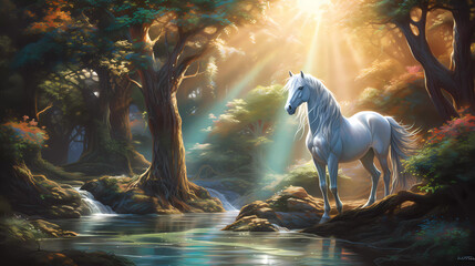 A horse standing in a stream of water in a forest with a waterfall and trees in the background and a sunbeam