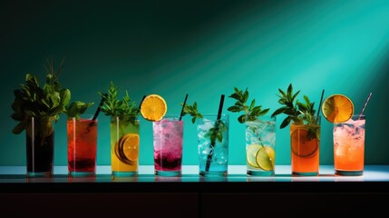  a row of glasses filled with different types of drinks and garnished with lemons, mints, and limes.