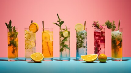  a row of tall glasses filled with different types of drinks and garnished with greenery and lemons. - obrazy, fototapety, plakaty